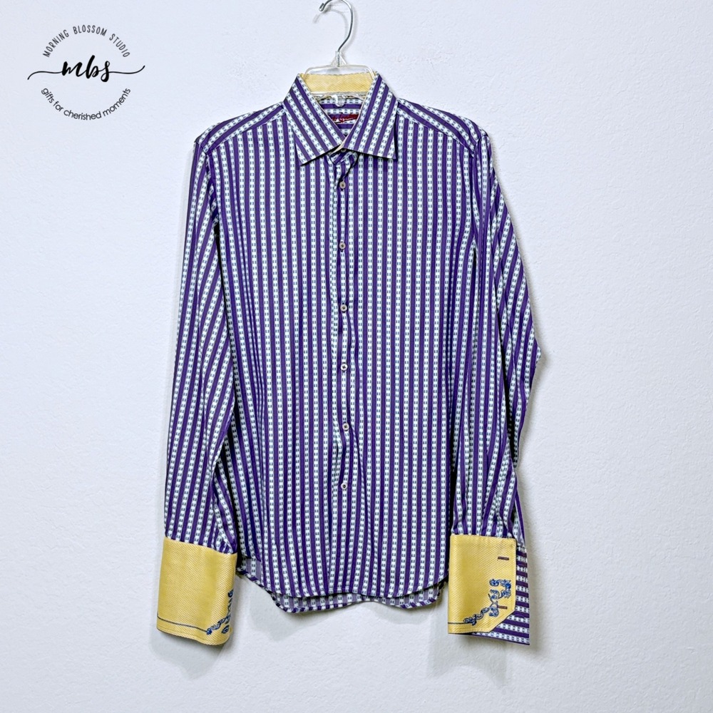Robert Graham Striped Contrast Cuff Button Up Shirt Purple Yellow Men 151/2 M